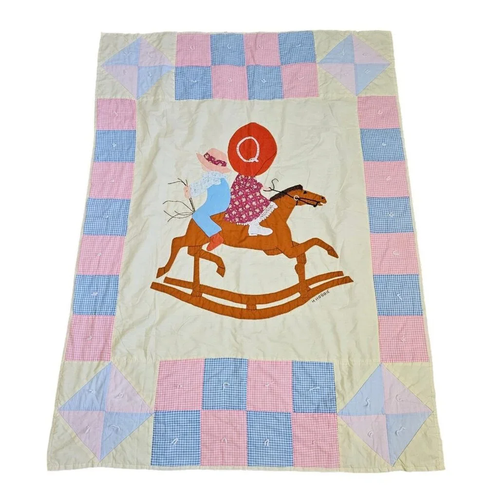 Vintage 70s‎ Homemade Holly Hobbie Quilt Handmade Rocking Horse Patchwork 45x61